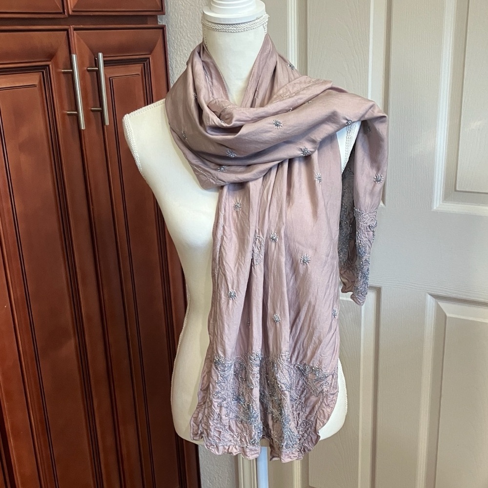 J-Jill Chic Mauve Embroidered and embellished Scarf 64”x19”inches